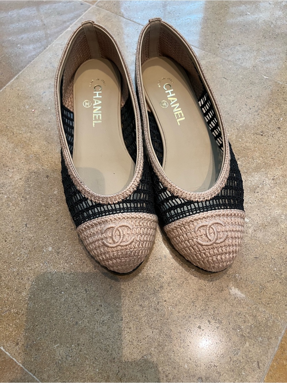 CHANEL Beige and Black Crochet Cap-Toe Ballet Flats
